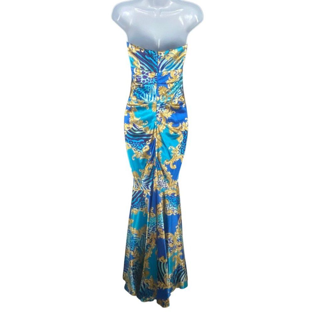 Vtg Cache Formal Mermaid Dress | 2 | Turquoise Scroll Leopard | Formal Prom Gala - Picture 2 of 8